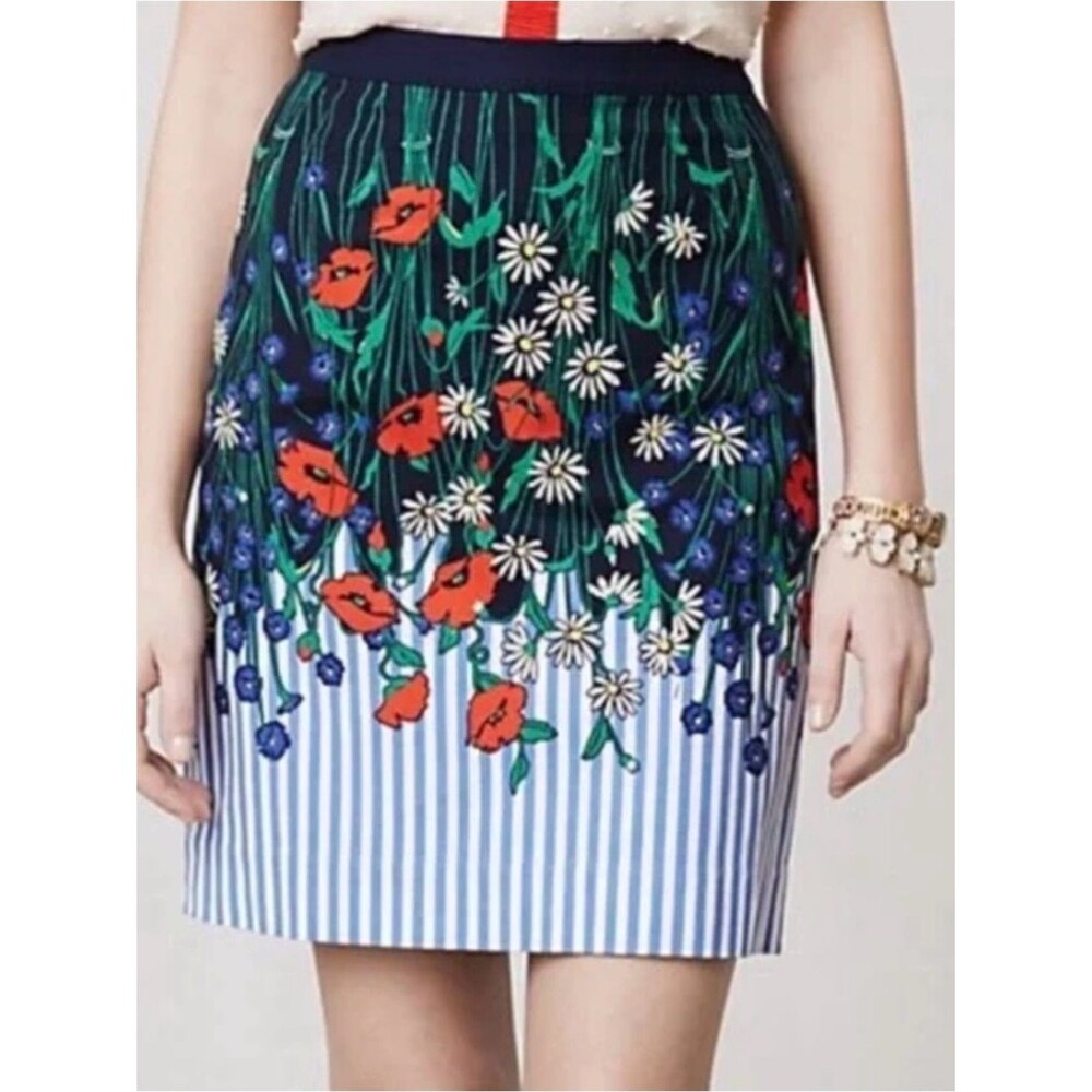 Anthropologie Lush Vertical Blue and Red Striped Garden Skirt. Size 8